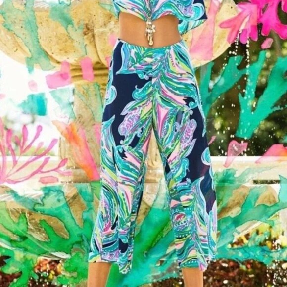 Lilly Pulitzer Gaucho Pants Don't Leave Me Hanging Wide Leg Cropped Sz 0 - Picture 4 of 10